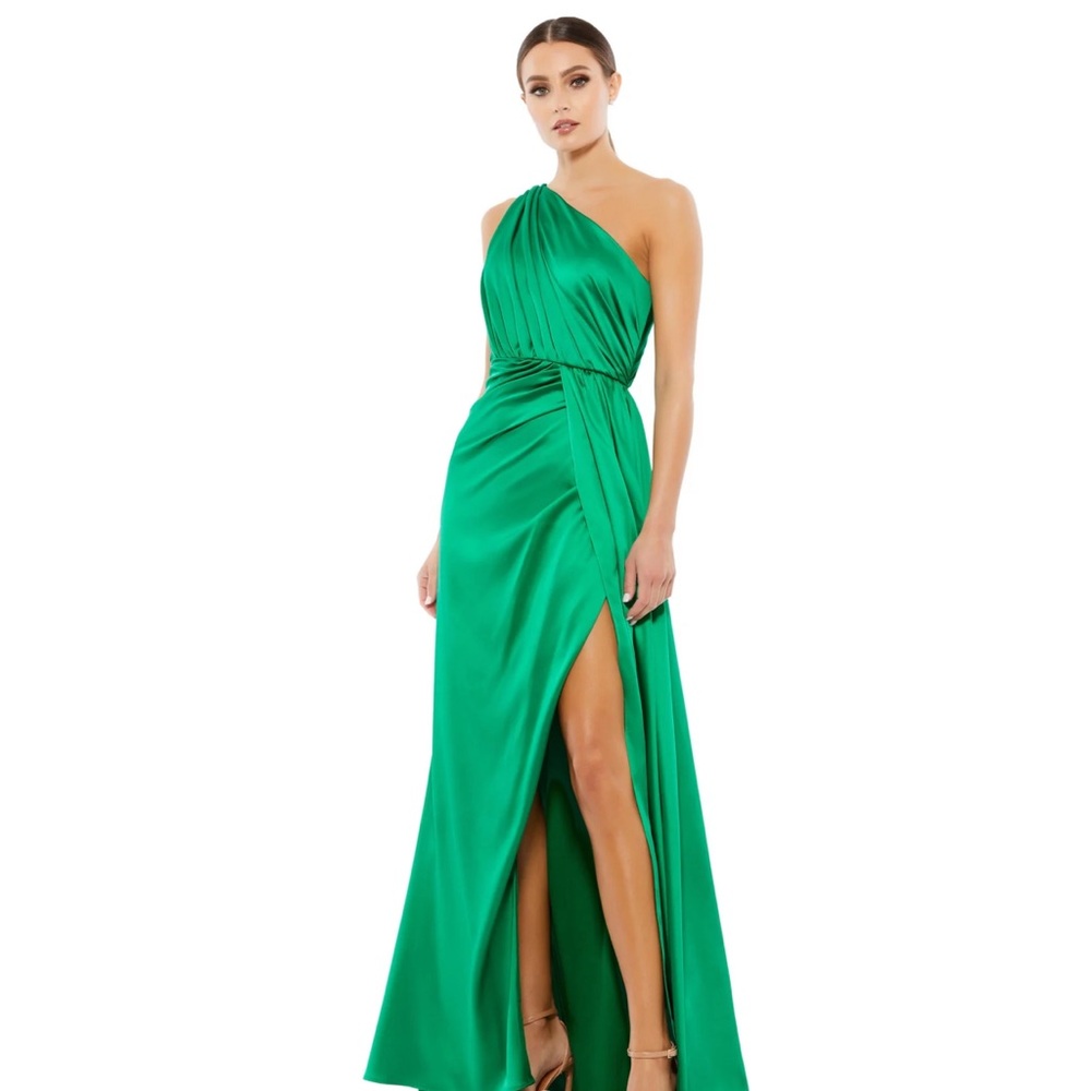 Mac Duggal Gathered One Shoulder Satin Faux Wrapped Gown